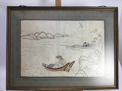 Lot 236 - Group of Chinese pictures and prints to include a embroided silk panel, set of cut paper pictures, prints in Chinese frames and others (11)
