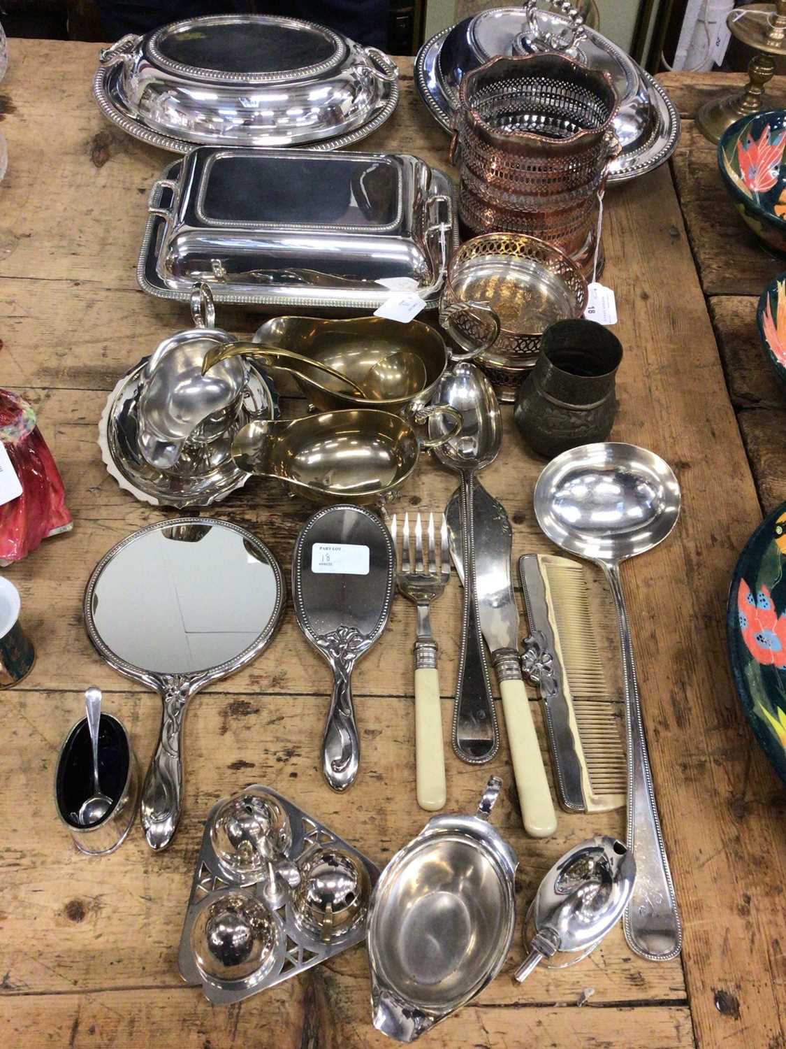 Lot 18 - Mixed lot of silver plate to include entree dishes, dressing table items etc