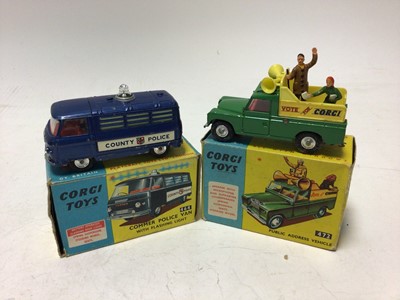 Lot 2368 - Corgi Commer Police Van No.464, Public Address Vehicle No.472, Neville Cement Tipper No.460, ERF model 64G Earth Dumper No.458, all boxed (4)