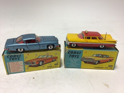 Lot 2369 - Corgi Ferrari "Berlinelta" 250 le Mans No.314, Ghia L.6.4. No. 241, Chevrolet Taxi Cab No.480, Bermuda Taxi No.430 plus Dinky Superior criterion Ambulance No.263, all boxed (5)