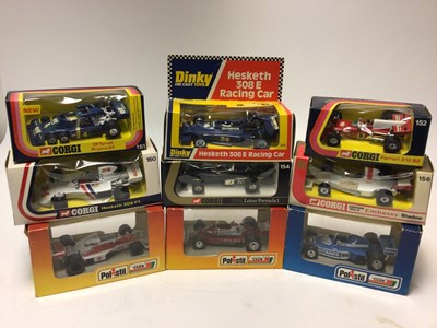 Lot 2379 - Selection of boxed Formula 1 cars including Corgi 156, 161, 162, 154, Dinky 222, Polistill FK11, FK13, FK19, all boxed plus 3 unboxed models (QTY)