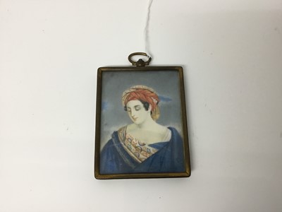 Lot 243 - Early 19th century watercolour portrait miniature on ivory, half length depiction of a woman in turban, 8 x 6.5cm, glazed metal frame
