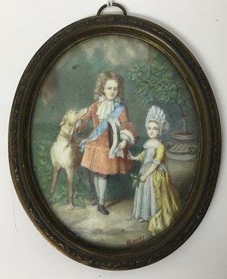 Lot 244 - Murray - 18th century style portrait Mina on ivory depicting Prince Jacob Stuart and his sister, signed, oval, 10 x 8cm, glazed frame