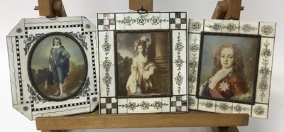 Lot 246 - Three decorative portrait miniatures, with overpainted prints after Gainsborough and others in piano key frames, the largest 16 x 14cm