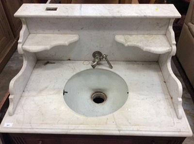Lot 988 - 19th centuryContinental marble topped washstand / sink with water cistern above, enamelled sink and pine cupboard frame 90 cm wide