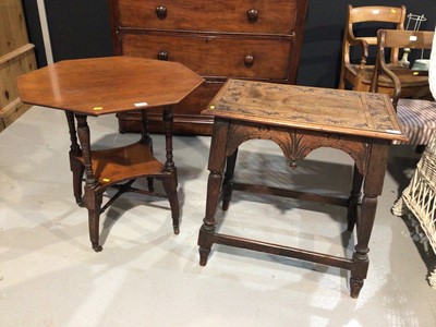 Lot 989 - Carved oak occasional table together with an Edwardian walnut two tier table with octagonal top