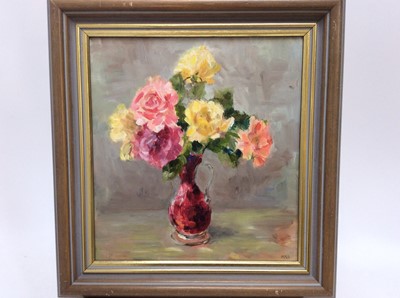 Lot 298 - J. Kennedy Scott, contemporary, oil on board - still life, 'Roses in a ruby vase', initialled,v26cm x 24cm, framed