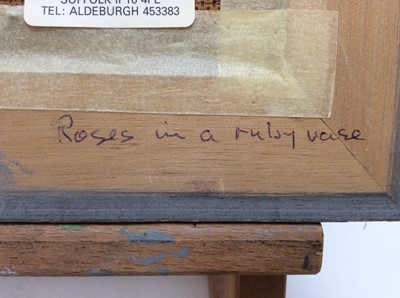 Lot 298 - J. Kennedy Scott, contemporary, oil on board - still life, 'Roses in a ruby vase', initialled,v26cm x 24cm, framed