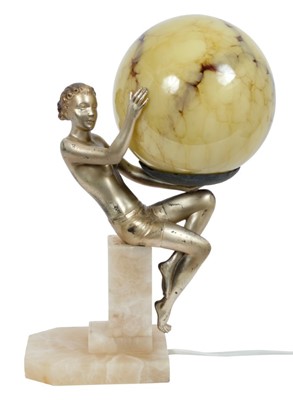 Lot 862 - Art Deco figural silvered metal and alabaster lamp