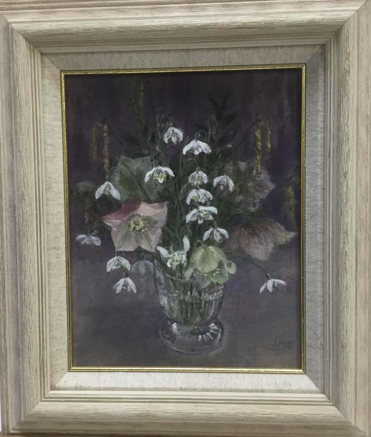 Lot 71 - Jean Simonson, contemporary, oil on canvas board - Still life of flowers, initialled, 24.5cm x 19cm, framed