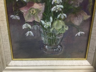 Lot 71 - Jean Simonson, contemporary, oil on canvas board - Still life of flowers, initialled, 24.5cm x 19cm, framed