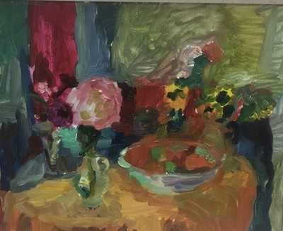 Lot 72 - Annelise Firth (b.1961) oil on board - still life of flowers and a bowl, signed verso, framed, 39cm x 49cm