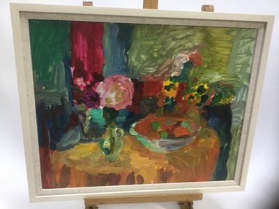 Lot 72 - Annelise Firth (b.1961) oil on board - still life of flowers and a bowl, signed verso, framed, 39cm x 49cm