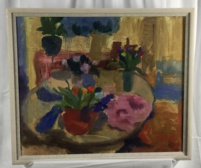 Lot 73 - Annelise Firth (b.1961) oil on canvas - still life of hyacinth, signed verso, framed, 49cm x 39cm