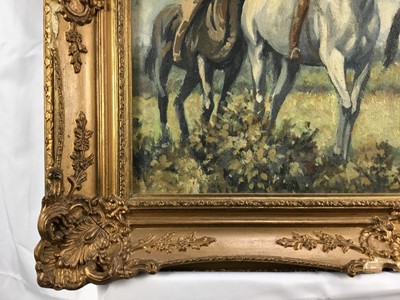 Lot 74 - English School oil on board- riders on horse back