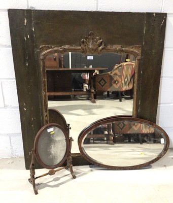 Lot 1014 - Mahogany swing frame toilet mirror, oval bevelled wall mirror and one other large wall mirror.