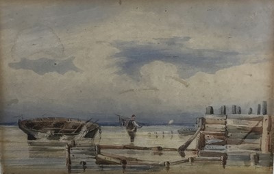 Lot 103 - English School, mid 19th century, watercolour - Beach scene with figure, 15 x 23cm, glazed frame
