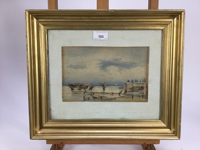 Lot 103 - English School, mid 19th century, watercolour - Beach scene with figure, 15 x 23cm, glazed frame