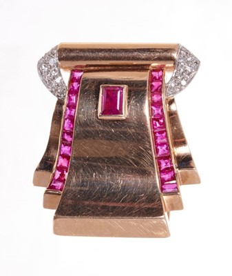 Lot 501 - 1940s Art Deco Odeonesque rose gold ruby and diamond clip