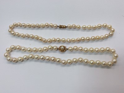 Lot 716 - Two cultured pearl necklaces with 9ct gold clasps