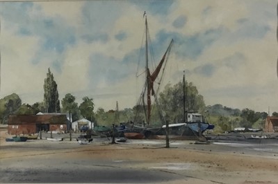 Lot 264 - Michael Norman (b. 1943) watercolour and bodycolour, At Pin Mill on the River Orwell