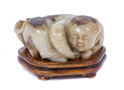 Lot 776 - Good Chinese carved mottled jade figural group, 19th century or earlier