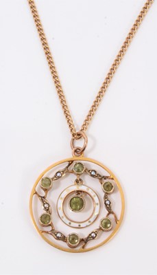 Lot 579 - Edwardian 9ct gold enamel, peridot and seed pearl pendant on chain