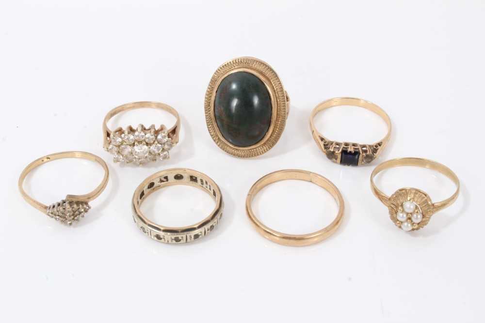 Lot 120 - Seven 9ct gold and yellow metal gem set dress rings
