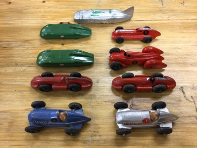 Lot 2400 - Dinky unboxed selection of early racing cars including MG Record Car, Auto Union, Mercedes Benz etc plus Police Box and some 1-75 Matchbox models in carry case (QTY)