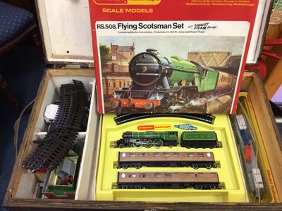 Lot 2389 - Railway OO guage Triang Hornby boxed selection including RS508 Flying Scotsman, R357 A1A Diesel Electric loco, R52 RS LMS 0-6-0 tank loco with smoke plus coaches, wagons etc, all housed in purpose...