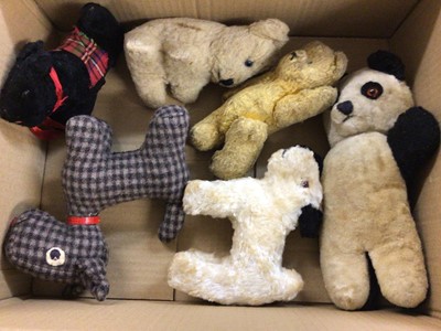 Lot 2425 - A selection of small soft toys including mohair teddy, dog, pink lamb and others.  Plus a child's comb, brush and mirror in fitted case.