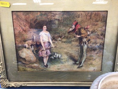 Lot 55 - Late Victorian watercolour study of a lady and a Jester monogrammed JB 1901 together with a limited edition Laurel & Hardy print (2)