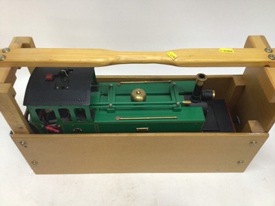 Lot 2410 - Scratchbuilt metal model locomotive 2-6-2 electrically wired Green Black & Red livery housed in wooden handmade carrying case with brass "Tor" name plate