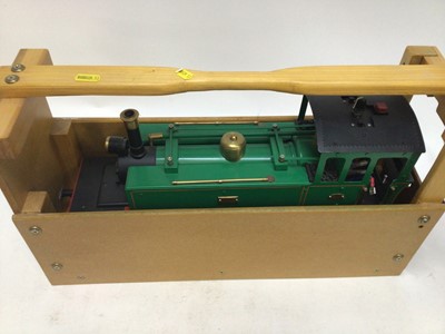 Lot 2410 - Scratchbuilt metal model locomotive 2-6-2 electrically wired Green Black & Red livery housed in wooden handmade carrying case with brass "Tor" name plate