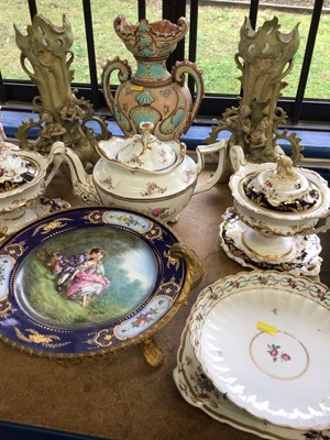Lot 27 - Pair of mid 19th century Derby pedestal tureens, Victorian Copeland teapot, pair of continental figural vases and other antique decorative china