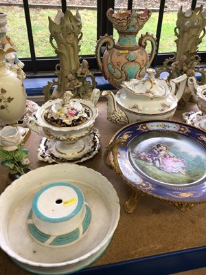 Lot 27 - Pair of mid 19th century Derby pedestal tureens, Victorian Copeland teapot, pair of continental figural vases and other antique decorative china