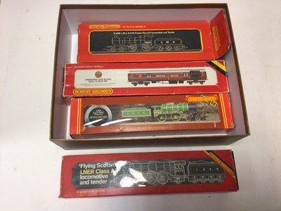 Lot 2457 - Railway Hornby OO gauage Flying Scotsman LNER, LMS Fowler Class R450, LNER "Cheshire" R37, operating Mail Coach, all boxed (4)