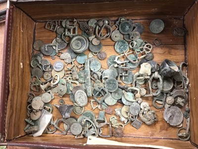 Lot 425 - Case of metal detector finds, including buttons, pins and coinage