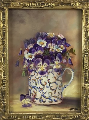 Lot 238 - James J. Allen, still life - flowers in a jug, oil on board,  11.5cm x 16.5cm, in gilt frame gilt frame