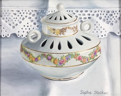 Lot 230 - Sophie Stocker, still life painting of a porcelain pot, 8.5cm x 15cm, framed