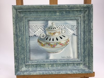 Lot 230 - Sophie Stocker, still life painting of a porcelain pot, 8.5cm x 15cm, framed