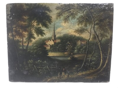Lot 288 - Early 19th century landscape, oil on panel, possibly Trowse, Norfolk, inscribed label verso