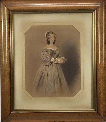 Lot 385 - William Buckler (1814-1884) watercolour portrait of Lady Manningham- Buller holding a floral posie in maple frame 69 x 58 cm overall- signed and inscribed label verso