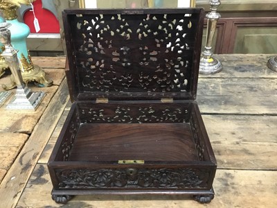 Lot 86 - 19th century Anglo-Indian carved and pierced box with finely pierced floral decoration, 34cm, Victorian rosewood veneered writing box with fitted interior and a Victorian dome topped and parquetry...