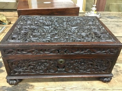 Lot 86 - 19th century Anglo-Indian carved and pierced box with finely pierced floral decoration, 34cm, Victorian rosewood veneered writing box with fitted interior and a Victorian dome topped and parquetry...