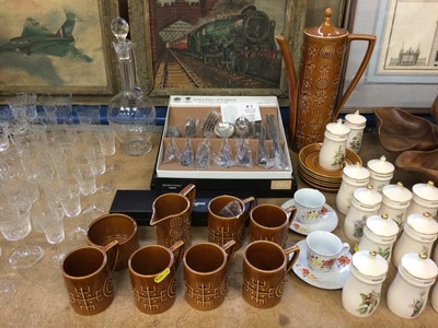 Lot 131 - Sundry items, including silver plated cutlery, Portmeirion Totem pattern coffee set, set of glassware and matching decanter, Gresham fairy spice pots, and a wooden hors d'oeuvres set