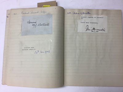 Lot 1424 - Autograph album to include Edward VIII signed Edward 1944 on The Towers, The Waldorf-Astoria writing paper, USA General Mark W Clark 1947 on The Dorcester Hotel writing paper