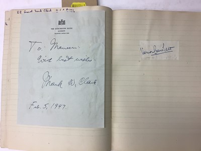 Lot 1424 - Autograph album to include Edward VIII signed Edward 1944 on The Towers, The Waldorf-Astoria writing paper, USA General Mark W Clark 1947 on The Dorcester Hotel writing paper