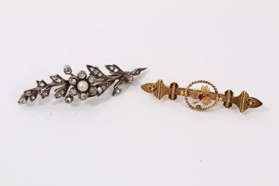 Lot 581 - Victorian diamond and pearl floral spray brooch and an Edwardian gold bar brooch