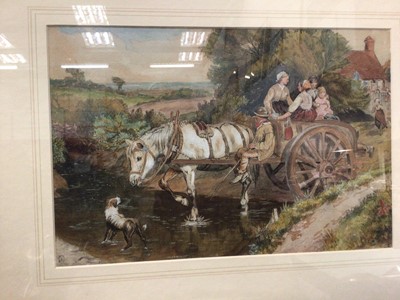 Lot 165 - School of Birkett-Foster- watercolour cart and figures crossing stream and another small oval watercolour Harvesnting